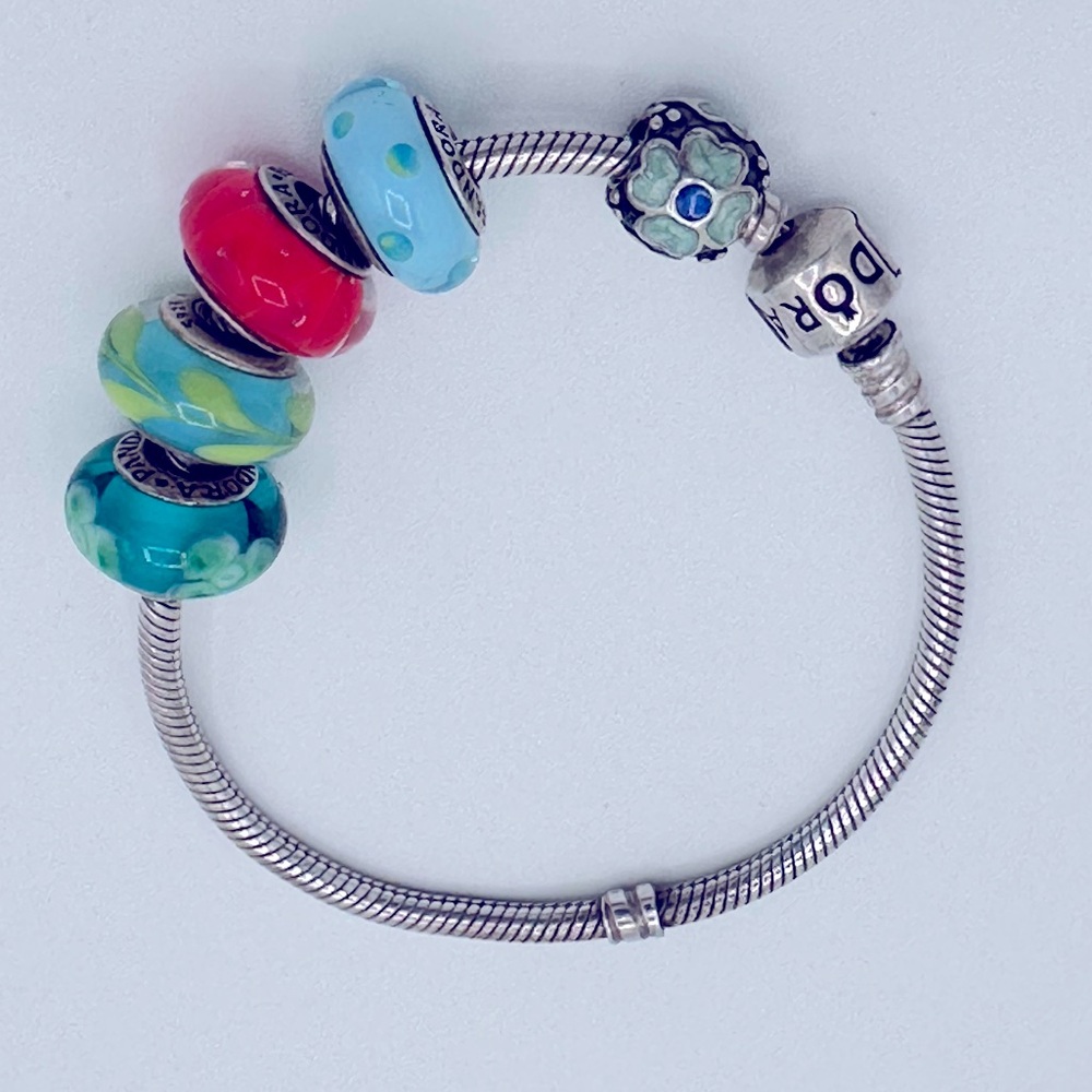 Silver Charm Bracelet with Red and Blue Accents